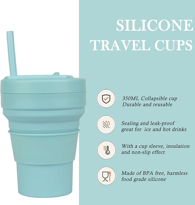 Collapsible Travel Cups- Food Grade Silicone Coffee Cups with Straw Lid 350ml 12oz Lightweight