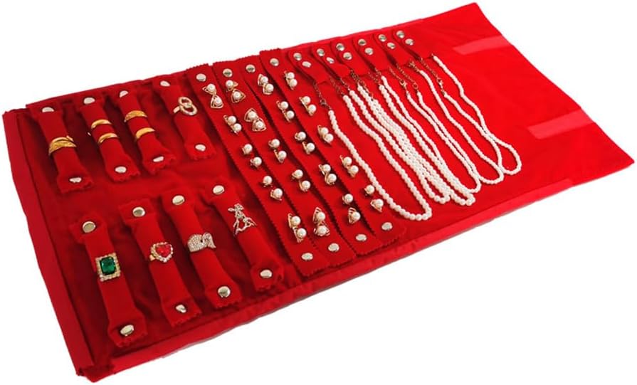 Velvet Travel Jewelry Case Roll Bag Organizer for Necklace Bracelet Earrings Ring (Black) (Red)