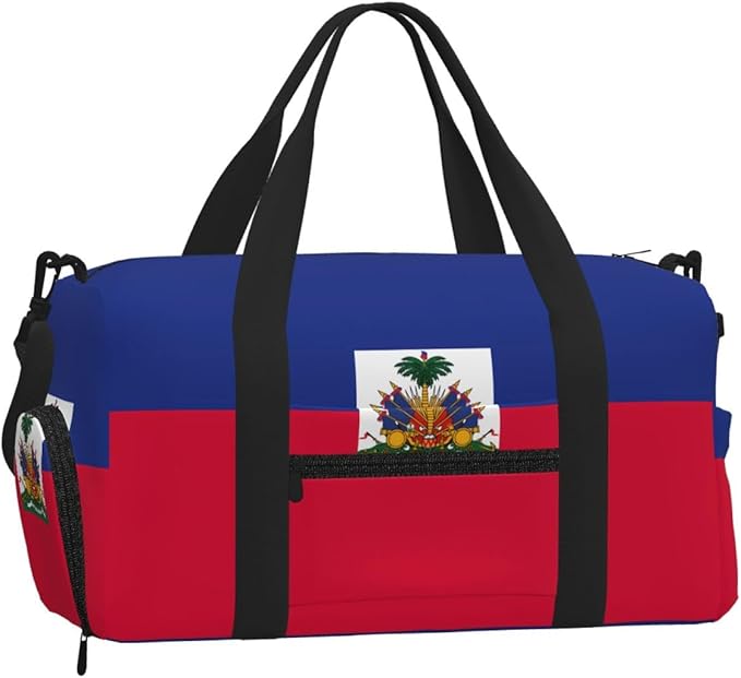 Haitian flag Print Gym Bag with Shoe Compartment for Women Men, 17.7in Sports Duffle Weekender Tote, Overnight Travel Duffel Bag Carry On