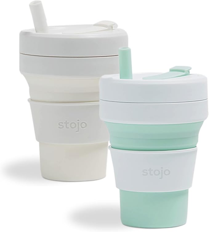 STOJO Collapsible Travel Cup Gift Set With Straw - 2-Pack, Mint Green & Quartz White, 16oz / 470ml - Reusable To-Go Pocket Size Silicone Cup for Hot and Cold Drinks - Microwave & Dishwasher Safe
