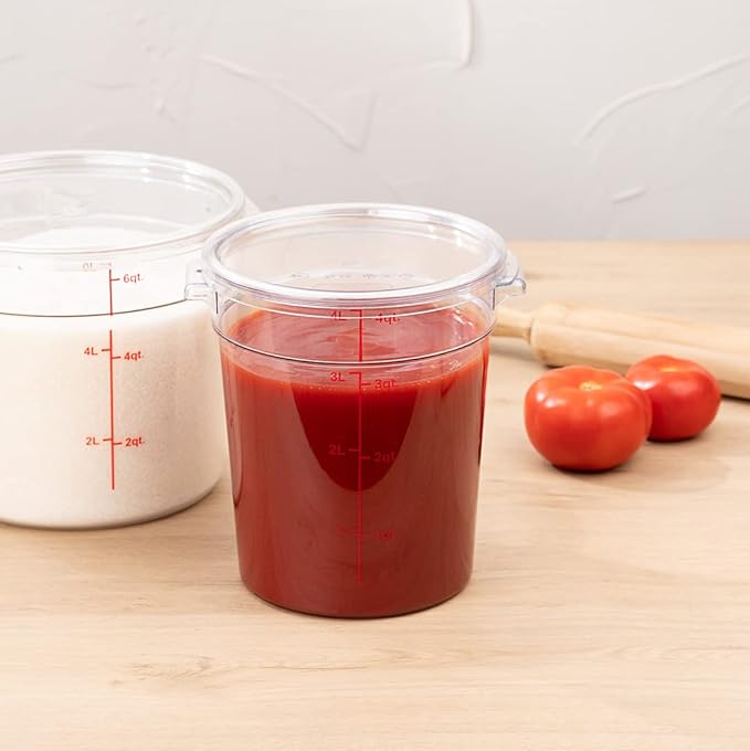 Restaurantware Met Lux 4 Quart Food Storage Containers 10 Round Commercial Storage Containers - Lids Sold Separately With Volume Markers Clear Plastic Food Prep Buckets Space-Saving Storage