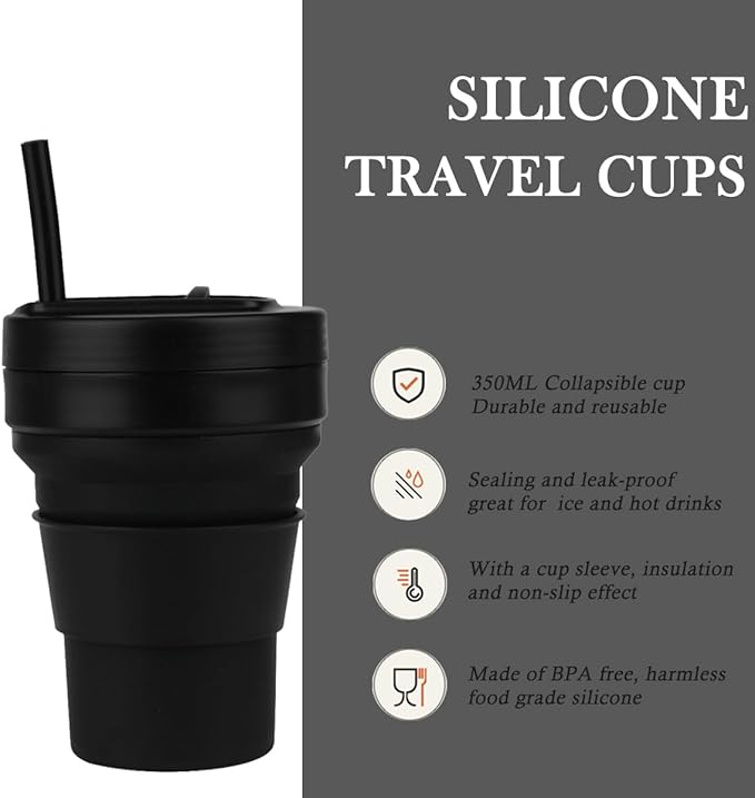 Collapsible Travel Cups- Food Grade Silicone Coffee Cups with Straw Lid 350ml 12oz Lightweight