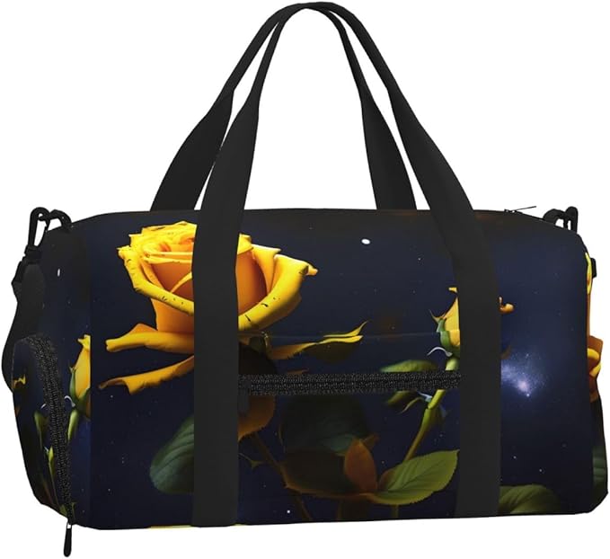 Yellow Roses Starry Night Print Gym Bag with Shoe Compartment for Women Men, 17.7in Sports Duffle Weekender Tote, Overnight Travel Duffel Bag Carry On