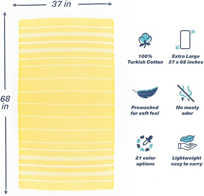 Hencely Turkish Beach Towel 37x68 Oversized, Sand-Free, Quick-Dry, Lightweight - Travel Essential for Pool & Bath - Striped 100% Cotton Bathroom Towels Accessories Gift (Yellow)