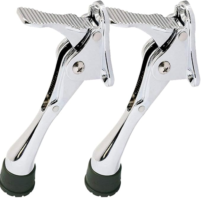 One Touch Kickdown Door Stopper, Door Holder, Heavy Duty Door Stops, Bottom of Door, Height-Adjustable Rubber Tips by HASHI (Chrome 4 inch x 2pack)