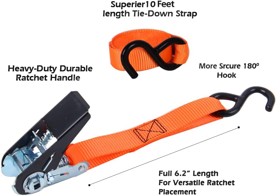 XSTRAP STANDARD Ratchet Tie Down Straps 4 Pk 10 Ft- 300 Lbs Load Cap- 900 Lbs Break Strength-Cargo Straps for UTV, ATV, Pickup,Truck, Moving Appliances, Lawn Equipment, Orange