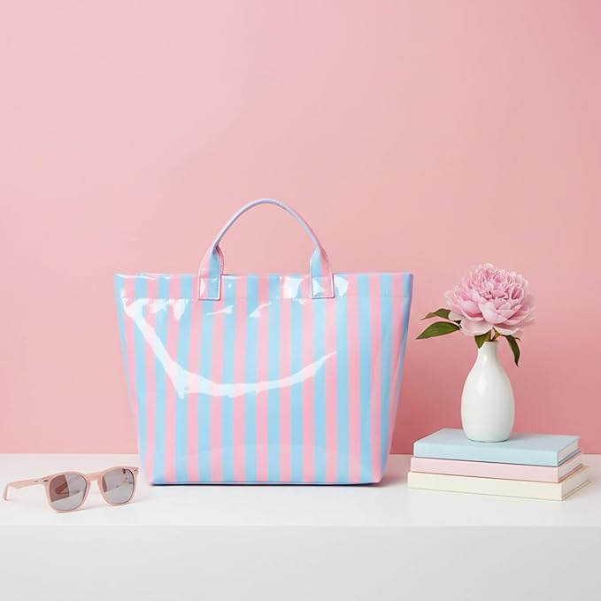 JQWYGB Striped PVC Tote Bag Large Glossy Striped Handbags Waterproof Top Handle Bag Plastic Tote Handbag Beach Travel Work