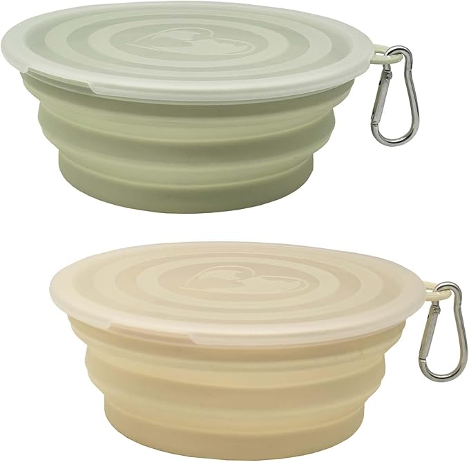 Medium Collapsible Dog Bowl 23oz,2 Pack Portable and Foldable Pet Travel Bowls with 2 Carabiners & Lids for Dogs Cats and Small Animals (Macaron Yellow+Green, 650ml)