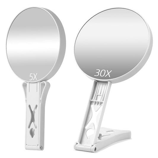 Magnifying Mirror 30X/5X Double Sided Hand Mirror,Precision Makeup at 30X Magnification & Overall View at 5X，Travel Handheld Magnified Makeup Mirror with Handle & Table Stand, Vanity Cosmetic Mirror