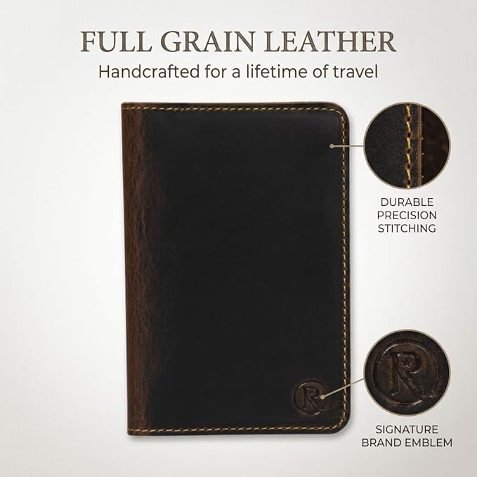 Rustique Leather Passport Holder Collection - Handmade Travel Wallet & Organizer - Full Grain Crazy Horse Leather Covers for Men & Women (Multiple Styles) (Standard Passport Cover - Smoky Bourbon)