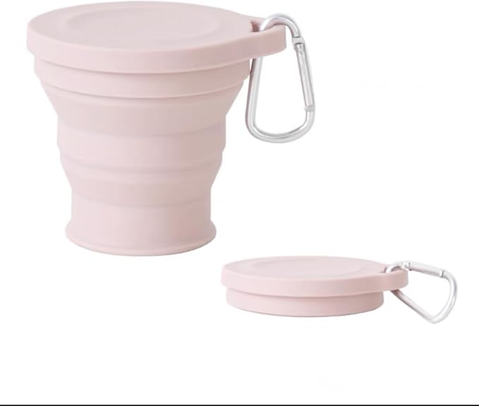 Reusable Foldable Silicone Water Cup, Portable Picnic Snacks Cup, Pocket Size Travel Cup Extensible, Collapsible Cups with Lid for Camping, Travel (Pink with Hook)