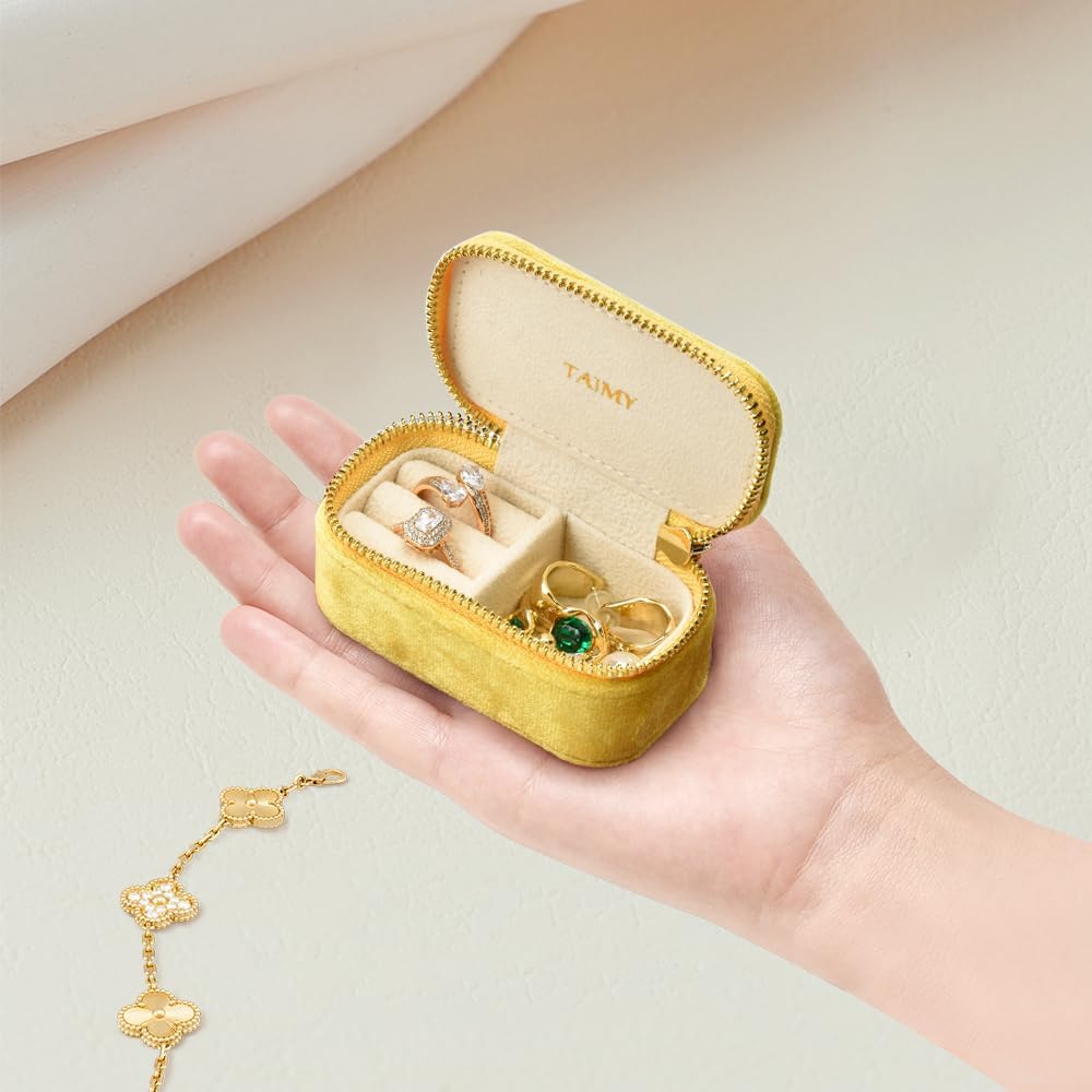 Small Travel Jewelry Case, Mini Tiny Plush Velvet Jewelry Box for Women and Girls, Pocket Size Jewelry holder organizer for Rings Earrings and Small Items(Yellow)