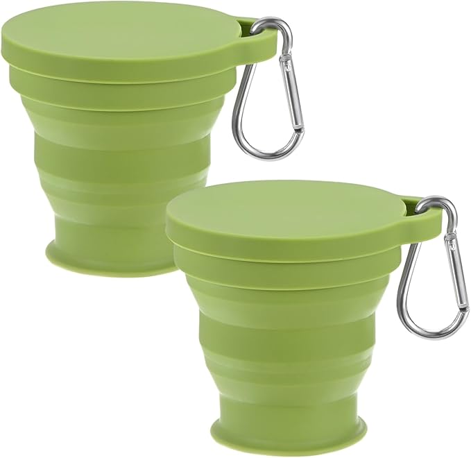 2 Pack Collapsible Travel Cup, 6oz(180ml) Silicone Portable Foldable Water Cup Bottle with Spring Buckle for Travel/Camping/Hiking, Reusable [Green]