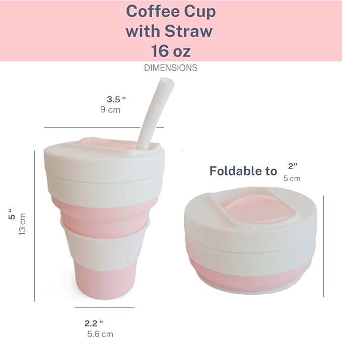 Collapsible Silicone Cup 12 oz – BPA Free Reusable Travel Cup with Lid & Straw – Foldable Pocket Size for Hot & Cold Drinks – Camping, Hiking, Office, Outdoor (Pink & White)