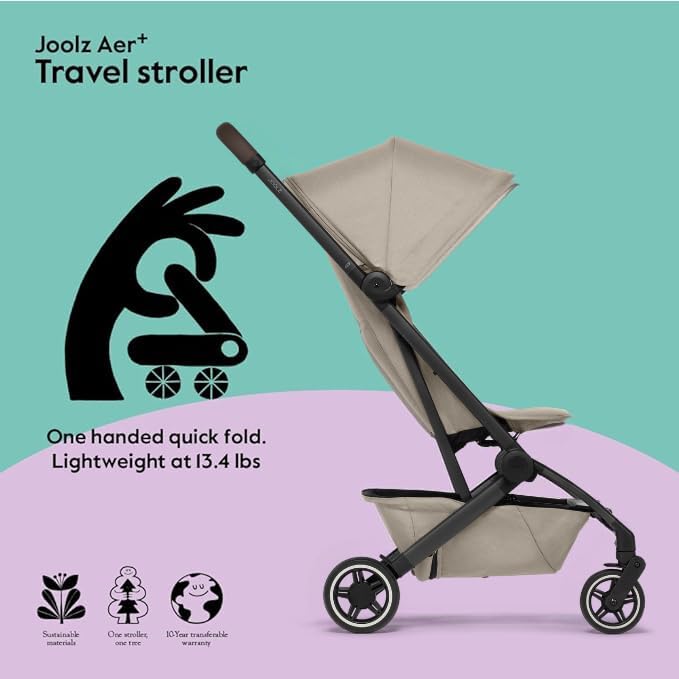 Joolz AER+ Lightweight & Compact Travel Stroller - Portable One-Hand Fold Design - Ergonomic Seat for Infant & Toddler (up to 50 lb) - XXL Sun Hood - Stroller for Airplane -Travel Pouch - Sandy Taupe