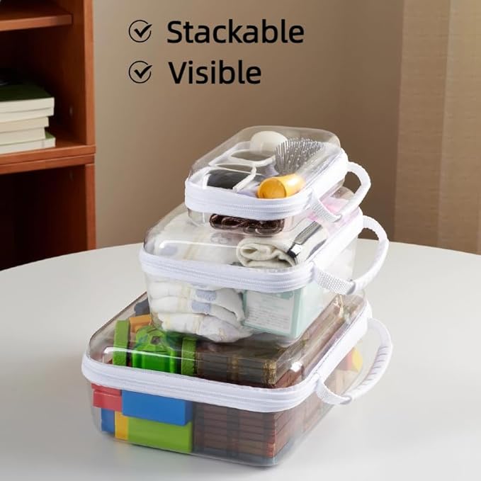 3 pcs Zipper Pouches with Handles, Clear Hard Shell Toiletry Bags, Stackable Travel Organizer, Cosmetic Bags, Transparent Diaper Bag Storage Cases (Handle-LMS)