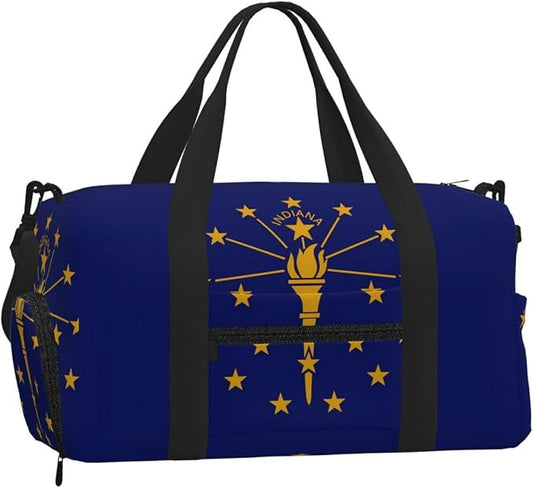 Indiana State Flag Print Gym Bag with Shoe Compartment for Women Men, 17.7in Sports Duffle Weekender Tote, Overnight Travel Duffel Bag Carry On