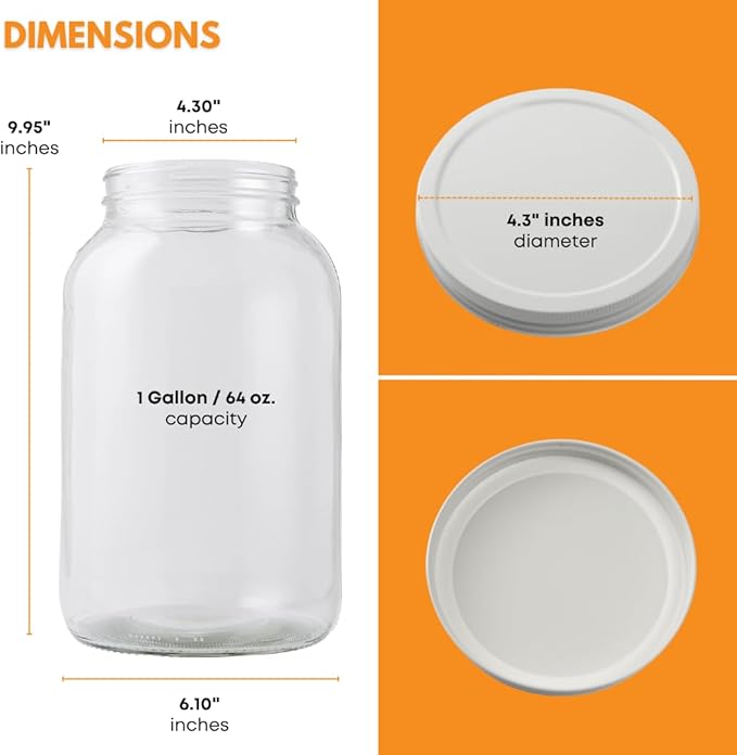 FastRack - One Gallon Wide Mouth Jar with White METAL Airtight Lid (Pack of 4) | Glass Canisters with Airtight Lids | Large Mouth Glass Jar with Fermentation Lid for brewing, fermentation and pickling
