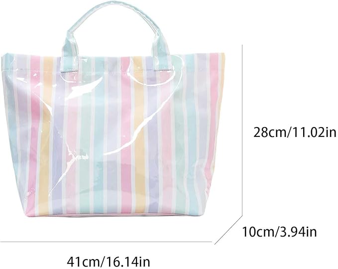JQWYGB Striped PVC Tote Bag Large Glossy Striped Handbags Waterproof Top Handle Bag Plastic Tote Handbag Beach Travel Work