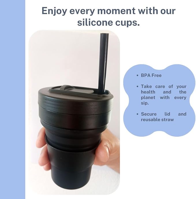 Collapsible Silicone Cup 12 oz – BPA Free Reusable Travel Cup with Lid & Straw – Foldable Pocket Size for Hot & Cold Drinks – Camping, Hiking, Office, Outdoor (Black)