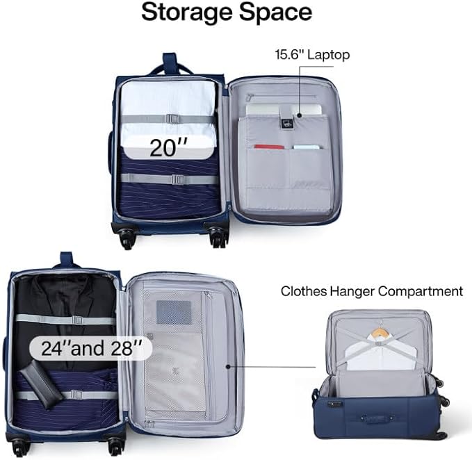 Hanke 24 inch Softside Expandable Luggage with Spinner Wheels, Medium Size Suitcase Checked Luggage Travel Luggage Rolling Suitcase,Blue