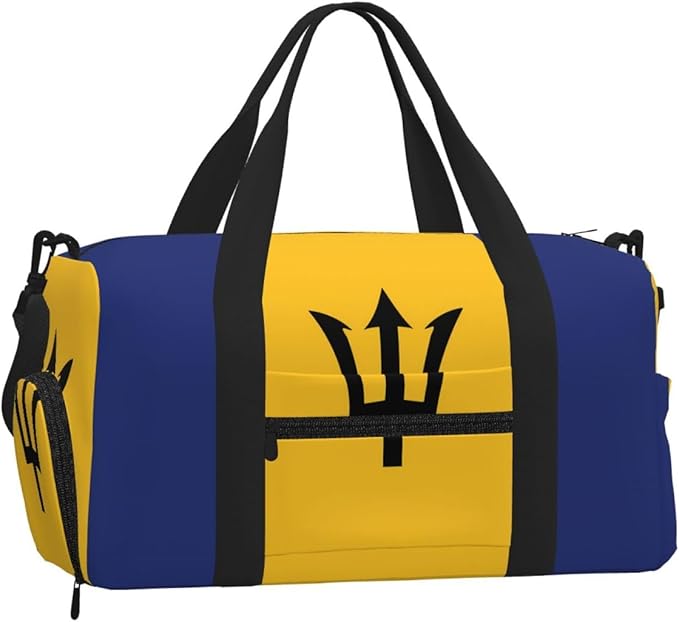 Flag of Barbados Print Gym Bag with Shoe Compartment for Women Men, 17.7in Sports Duffle Weekender Tote, Overnight Travel Duffel Bag Carry On