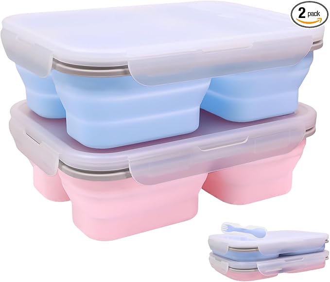 2 Pack Big Collapsible Silicone Bento Lunch Boxes With Lids spoons forks,3 Compartments, Divided Lunch Food Storage Containers, Safe in Microwave, Dishwasher and Freezer, 45.6oz, (Pink+Blue)
