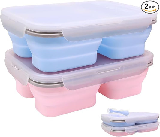 2 Pack Big Collapsible Silicone Bento Lunch Boxes With Lids spoons forks,3 Compartments, Divided Lunch Food Storage Containers, Safe in Microwave, Dishwasher and Freezer, 45.6oz, (Pink+Blue)