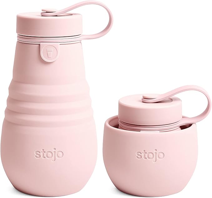 STOJO Jr Collapsible Bottle for Kids - Carnation Pink, 14oz / 400ml - Leak-Proof Reusable Silicone Travel Cup for Hot & Cold Drinks - For Home, On-The-Go Camping & Hiking - Microwave & Dishwasher Safe