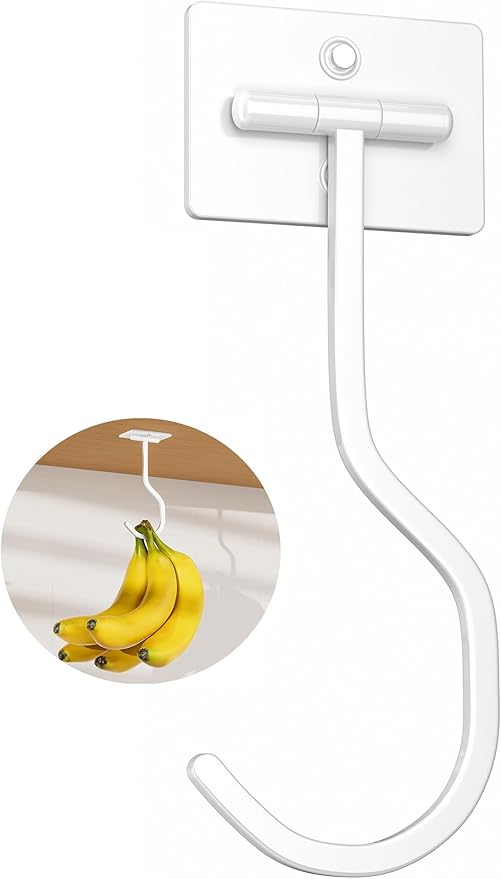 Banana Hook Under Cabinet: Foldable Banana Hanger Adhesive, Hanging Banana Holder, Stick On, Premium Material, Can Hold 20 Bananas, White