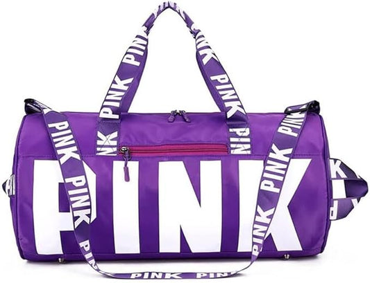 Sports Gym Bag Large Capacity Travel Duffel Bag Sport Shoes Bag with Wet Pocket Compartment for Men and Women Lightweight Multiple Colors PINK Logo (YAM PURPLE)