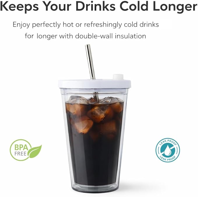 Reusable Iced Coffee Cup (16 Oz), Leakproof Iced Coffee Tumbler with Collapsible Steel Straw and Lid, Double-Wall Insulated, Shatter-Resistant, BPA-Free, Keeps Drinks Cold