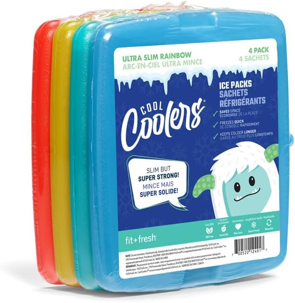 Cool Coolers by Fit & Fresh 4 Pack Slim Ice Packs, Quick Freeze Space Saving Reusable Ice Packs for Lunch Boxes or Coolers, Multi Colored, 3 Packs of 4