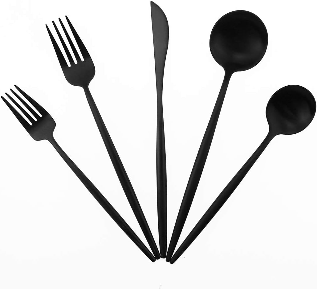 Matte Balck Silverware Set,Gugrida 5-Piece 18/10 Stainless Steel Satin Finish Flatware Set,Kitchen Utensil Set,Tableware Travel Cutlery Set for Camping Office or School Lunch, Dishwasher Safe