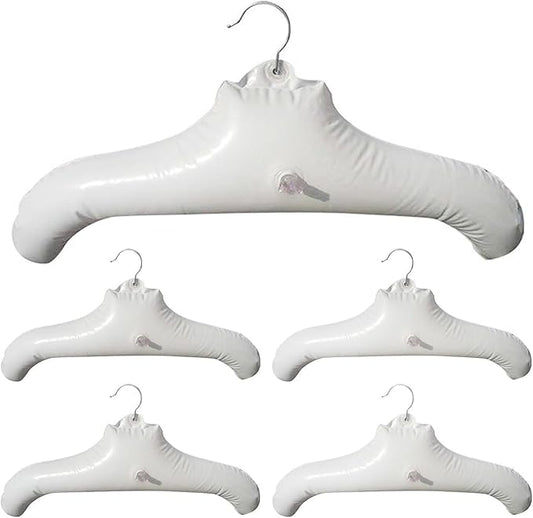 5pcs Inflatable Hanger Travel, White Round Shoulder, Portable Folding Clothes Drying Rack with Metal Hook Space Saving Coat Storage Set Foldable