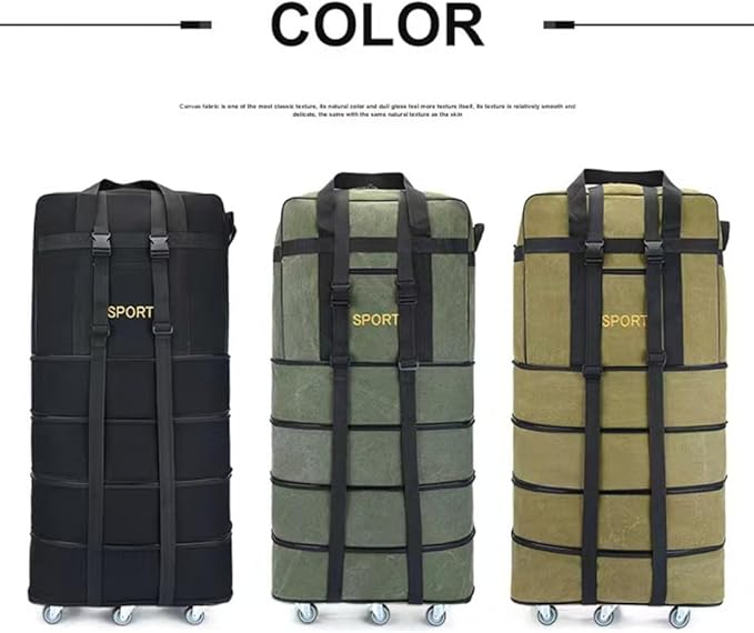 Expandable Extra Large Travel Canvas Duffel Bag with Wheels Lightweight Traveling Foldable Suitcase (Black Canvas, XL - 6 wheels)