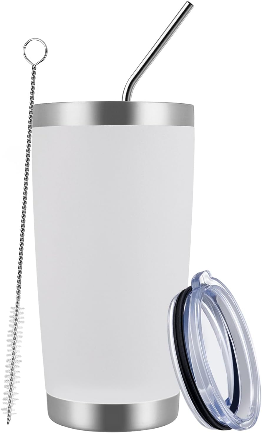 MEWAY 20oz Tumbler Cup Double Wall Vacuum Insulated Travel Mug Bulk, Stainless Steel Tumblers with Lid and Straw, Durable Powder Coated Coffee Cups for Cold & Hot Drinks (White, 1)