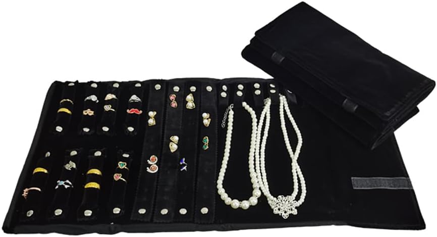 Velvet Travel Jewelry Case Roll Bag Organizer for Necklace Bracelet Earrings Ring (Black) (Black set)