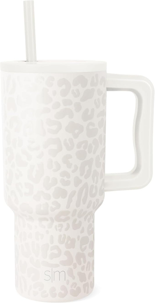 Simple Modern 30 oz Trek Tumbler with Handle and Straw Lid | Cup Holder Friendly Insulated Stainless Steel Travel Mug | Cream Leopard