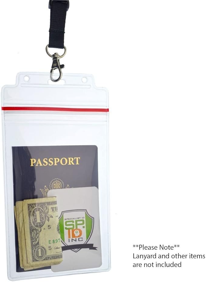 5 Pack - Extra Large Waterproof Badge Holder - 4 X 6 Inch Passport Size - Heavy Duty with Resealable Zip Top Closure - Clear Plastic 4x6 Vertical Holders by Specialist ID (Great for Cruise Essentials)