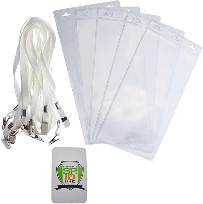 Bulk 25 Pack - 4 x 8 Inch Extra Large Ticket & Event Credential Badge Holders with Double Sided Lanyards with Two Bulldog Clips, by Specialist ID (White)