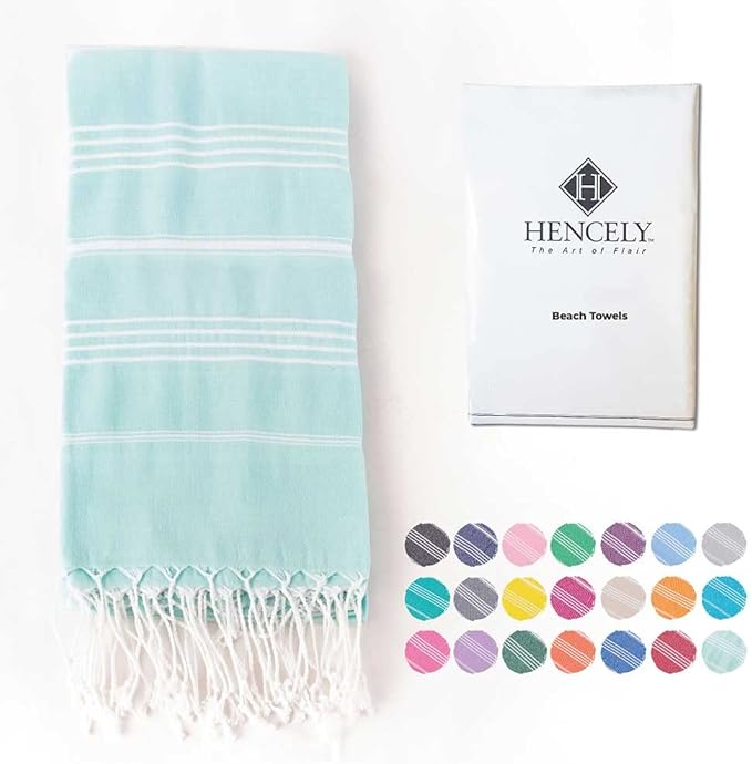 Hencely Turkish Beach Towel 37x68 Oversized, Sand-Free, Quick-Dry, Lightweight - Travel Essential for Pool & Bath - Striped 100% Cotton Bathroom Towels Accessories Gift (Aqua)