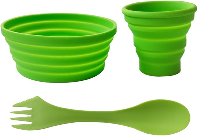 Ecoart Silicone Collapsible Bowl Cup Set with Spork for Outdoor Camping Hiking Travel - Set of 3