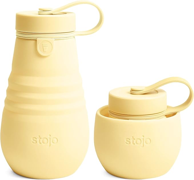 STOJO Jr Collapsible Bottle for Kids - Mimosa Yellow, 14oz / 400ml - Leak-Proof Reusable Silicone Travel Cup for Hot & Cold Drinks -On-The-Go Camping & Hiking - Microwave & Dishwasher Safe