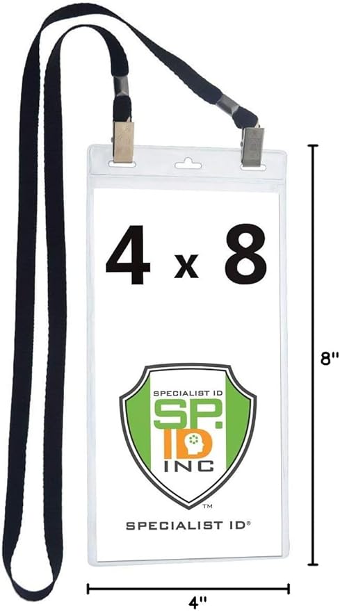 5 Pack - Extra Large 4 x 8 Inch Ticket & Event Credential Badge Holders with No Twist Double Sided Lanyards with Two Bulldog Clips, by Specialist ID (Black)