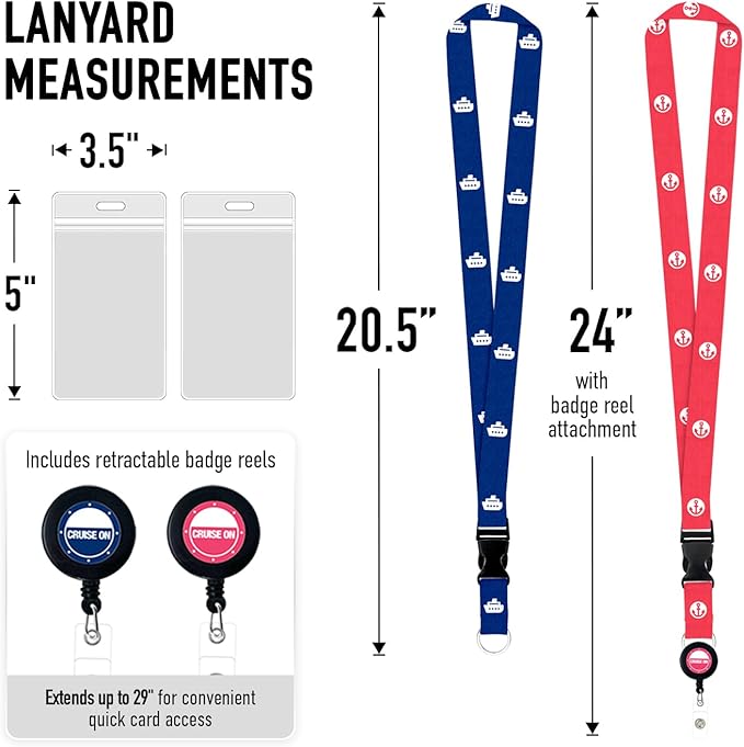 Cruise On Cruise Lanyard for Ship Cards – 2-Pack Retractable Badge & Waterproof Key Card Holder for Ship Cards – Cruise Essentials 2026-2027, Perfect for Travel & Vacation (Blue & Red)