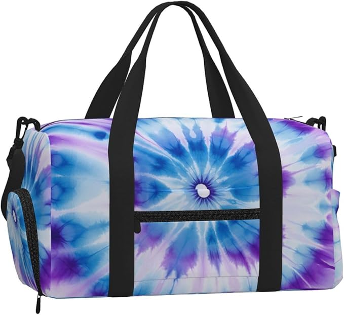 Sports Gym Bag Blue Purple Tie Dye Mandala Flower Travel Duffel Bag With Shoe Compartment Shoulder Strap, Lightweight Water-Resistant Weekend Overnight Totes For Women Men