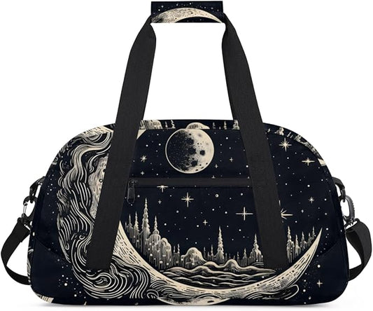 Moon Star Castle Gym Travel Duffle Bag for Women & Men with Front Zipper Pocket for Sports, Overnight, Weekender, Carry On,Workout & Dance Bag,Retro Moon,18.9 * 8.7 * 10.6 in