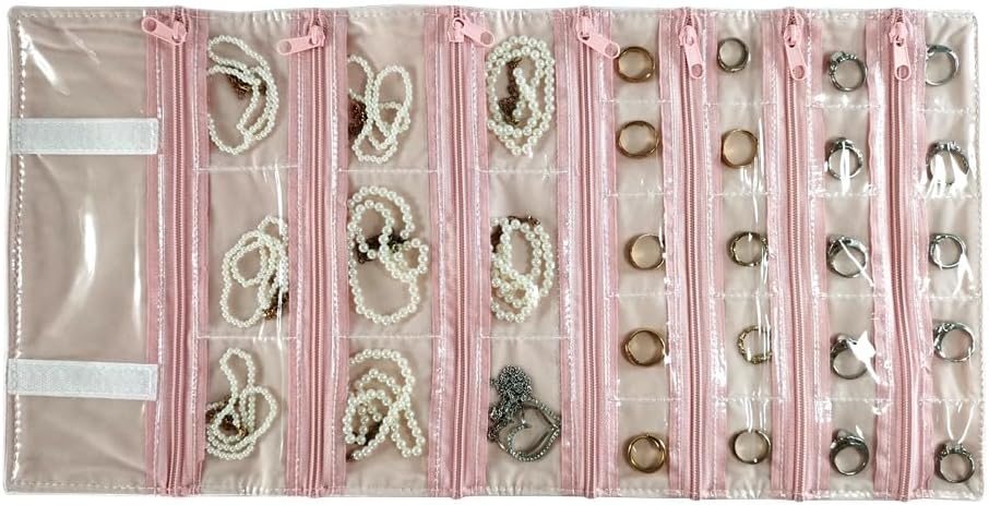 Travel Jewelry Roll Bag Portable Organizer Pouch With Grids&PVC Cover Storage Bags for Necklace, Bracelet, Bracelet,Ring, Badge, Pendant