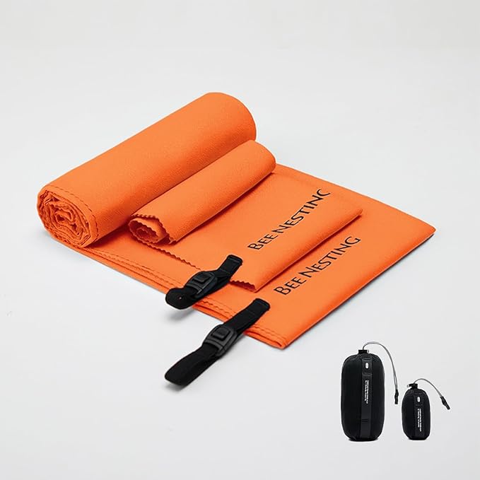 Bee Nesting Ultralight Quick Dry Towels in XLarge & Small Sizes with Compact Packable Pocket Microfiber Towel for Backpacking Travel Beach Hiking Swimming Sports & Yoga (Orange 2 Set)